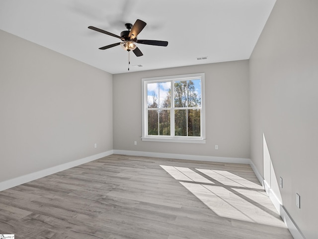 empty room featuring ceiling fan and light hardwood / wood-style floors