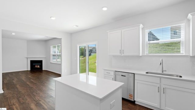 305 Lodestone Rd Lot 0267, Simpsonville, SC 29680 - kitchen featuring stainless steel dishwasher, a sink, a center island, decorative backsplash, and dark wood-style flooring