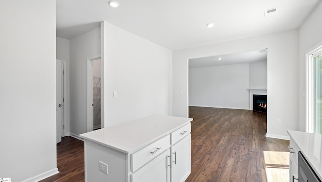 305 Lodestone Rd Lot 0267, Simpsonville, SC 29680 - kitchen with light countertops, a warm lit fireplace, dark wood-style floors, and white cabinetry