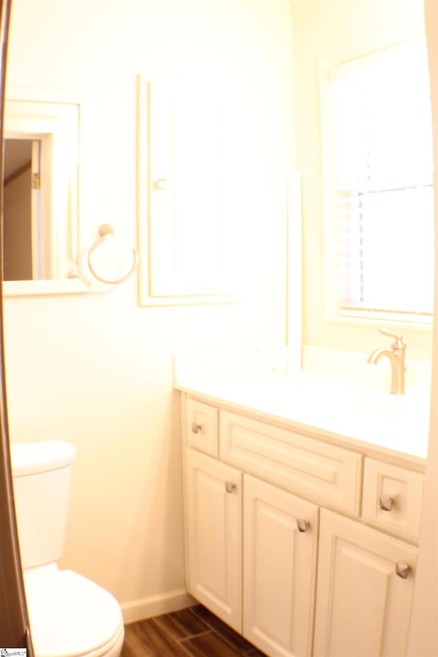 bathroom featuring vanity, wood-type flooring, and toilet