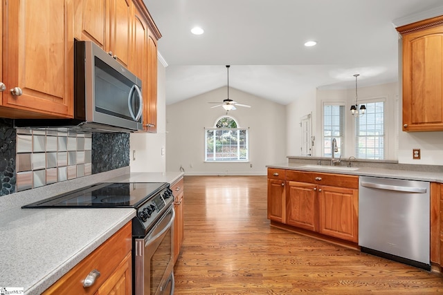 kitchen featuring a wealth of natural light, light wood-type flooring, appliances with stainless steel finishes, and vaulted ceiling