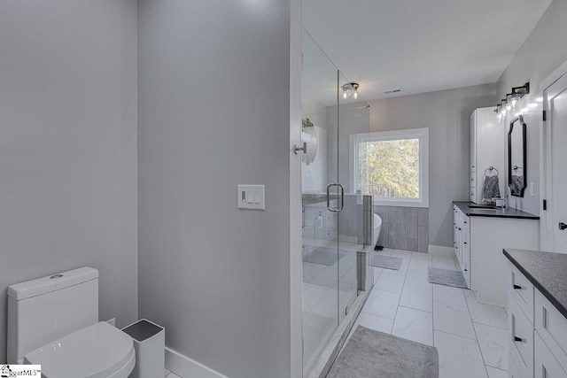 bathroom featuring vanity, an enclosed shower, and toilet