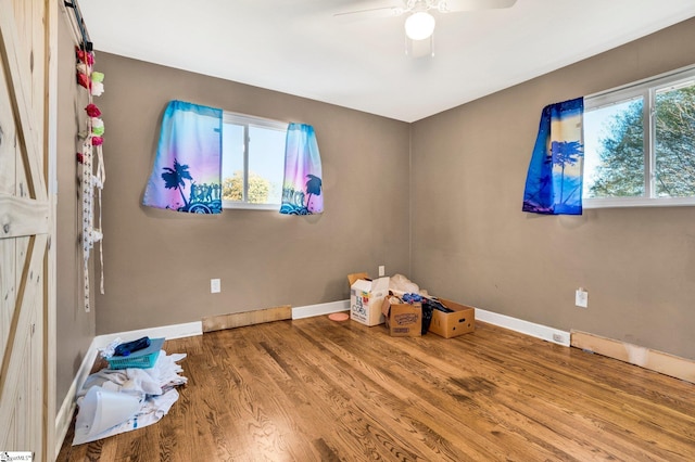 interior space featuring wood-type flooring and ceiling fan