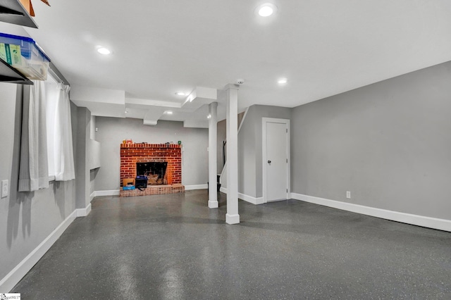 unfurnished living room with a brick fireplace