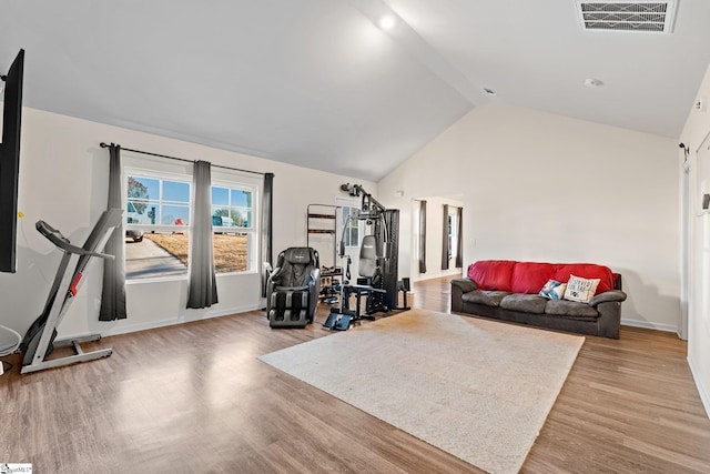 workout room featuring light wood-type flooring and high vaulted ceiling