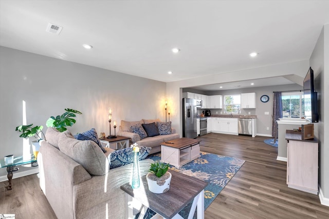 living room featuring dark wood-type flooring and sink