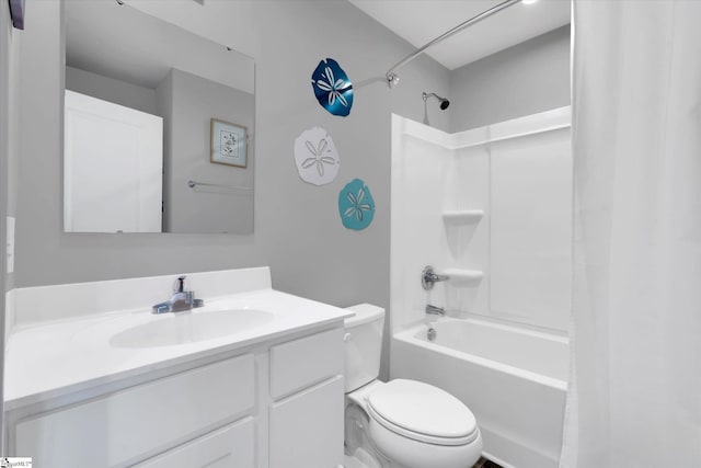 full bathroom featuring shower / tub combination, vanity, and toilet