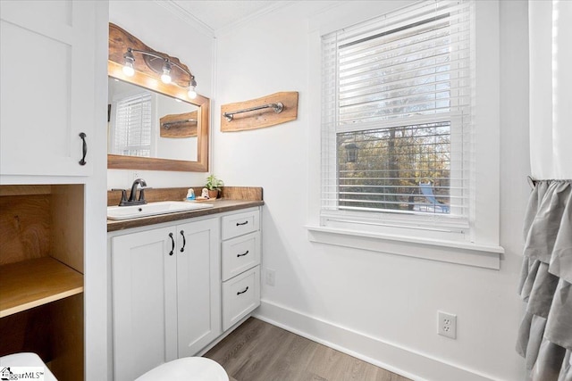 bathroom with vanity, hardwood / wood-style flooring, and ornamental molding