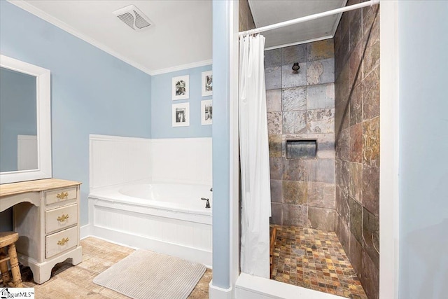 bathroom with separate shower and tub and crown molding