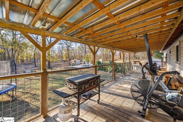 deck with area for grilling and a trampoline