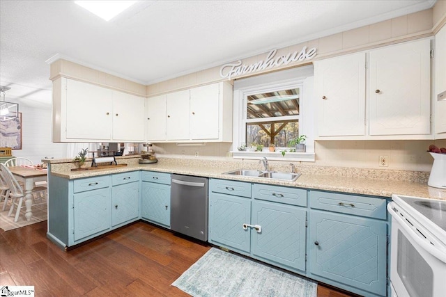 kitchen featuring white cabinets, dark wood-type flooring, sink, blue cabinetry, and dishwasher