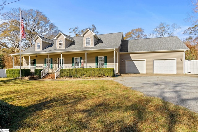 cape cod-style house featuring covered porch, a garage, and a front yard