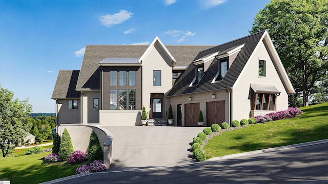 view of front of property with a front yard and a garage