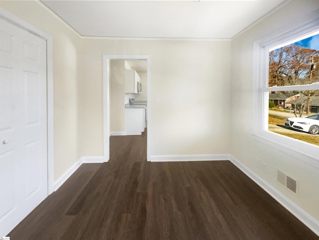 corridor featuring crown molding and dark wood-type flooring