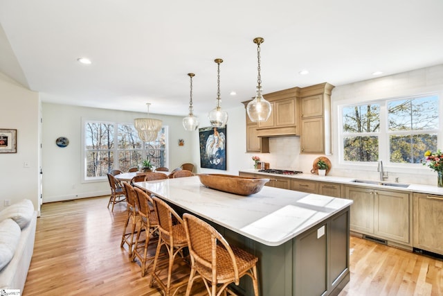 kitchen featuring a center island, sink, a wealth of natural light, and light hardwood / wood-style flooring