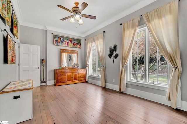 interior space featuring hardwood / wood-style floors, ornamental molding, and multiple windows