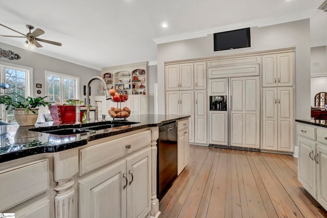 kitchen with ornamental molding, sink, paneled fridge, and black dishwasher