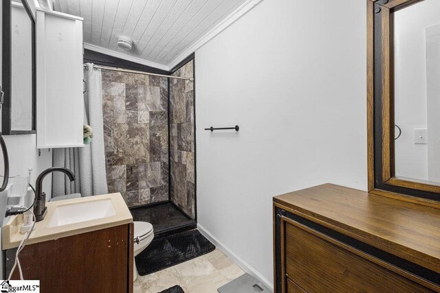 bathroom featuring walk in shower, crown molding, vaulted ceiling, toilet, and wood ceiling