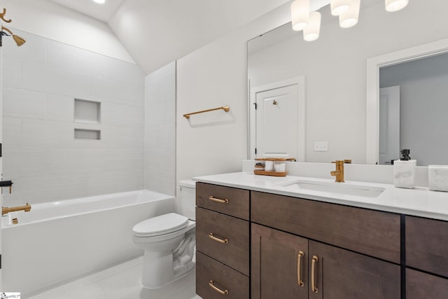 full bathroom with tiled shower / bath combo, tile patterned flooring, lofted ceiling, toilet, and vanity