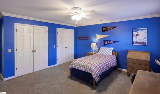 bedroom with carpet, ceiling fan, and crown molding