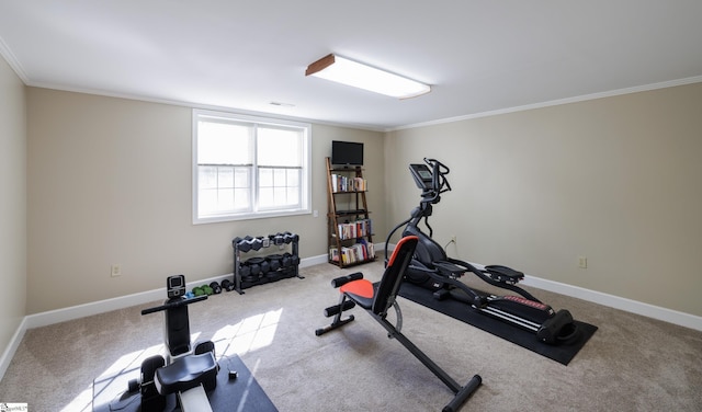 exercise room with carpet floors and crown molding