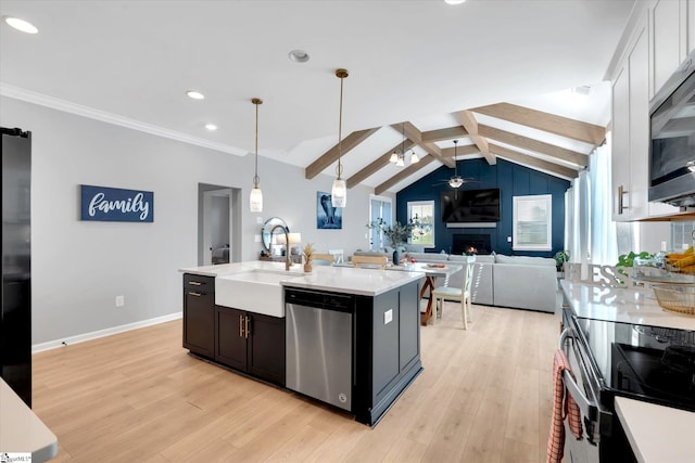 kitchen with light wood-type flooring, stainless steel appliances, sink, pendant lighting, and an island with sink