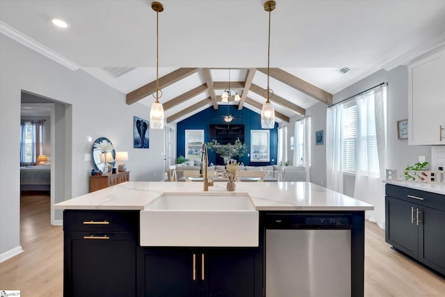 kitchen with plenty of natural light, dishwasher, decorative light fixtures, and sink