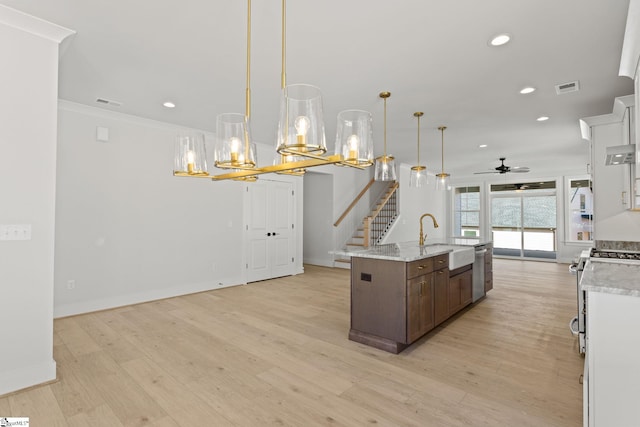 kitchen with ceiling fan with notable chandelier, stainless steel appliances, sink, light hardwood / wood-style floors, and hanging light fixtures