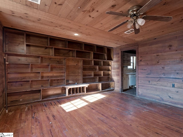 unfurnished room featuring wood ceiling, dark wood-type flooring, and wooden walls