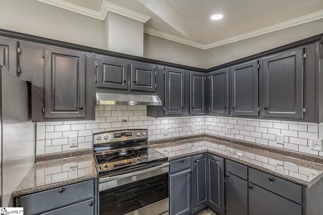 kitchen featuring backsplash, dark stone counters, stainless steel appliances, and ornamental molding