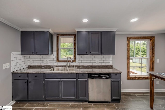 kitchen featuring gray cabinetry, crown molding, dishwasher, and sink