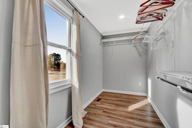 walk in closet with light hardwood / wood-style floors