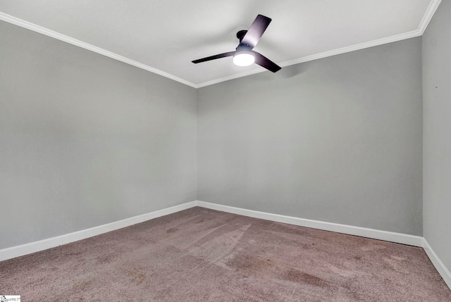 unfurnished room featuring ceiling fan, carpet floors, and crown molding