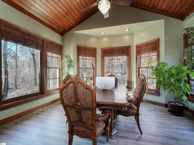 dining area featuring light wood-type flooring, wooden ceiling, ceiling fan, and lofted ceiling