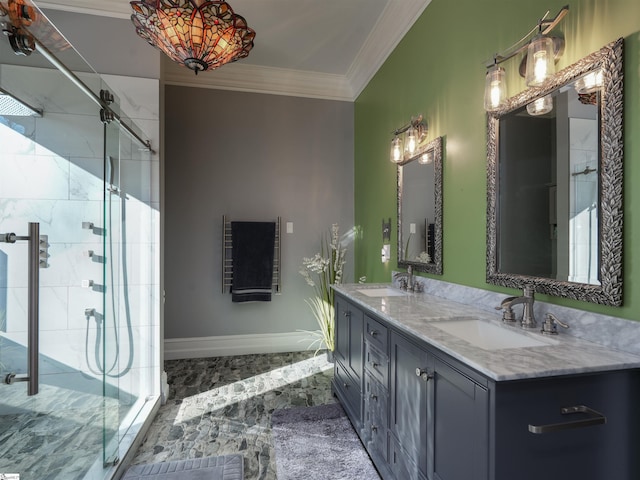 bathroom featuring crown molding, vanity, and an enclosed shower