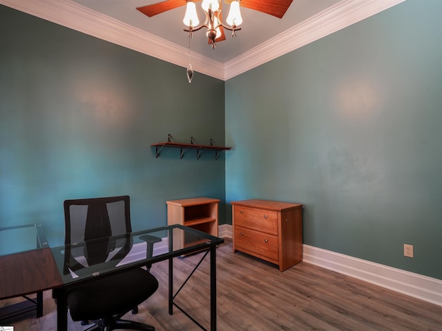 office featuring an inviting chandelier, ornamental molding, and hardwood / wood-style flooring