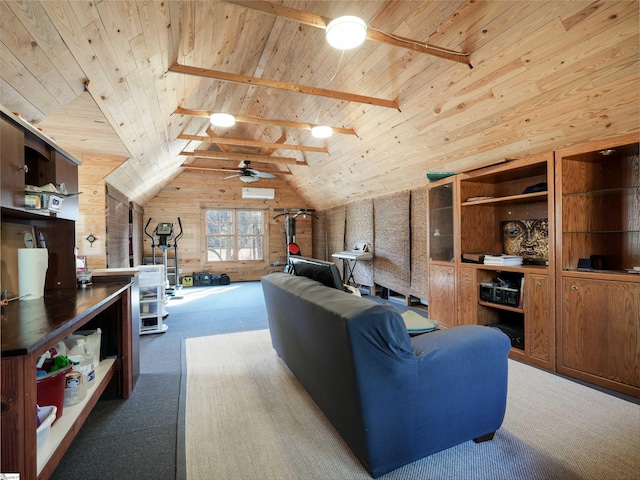 carpeted living room with ceiling fan, a wall mounted air conditioner, lofted ceiling with beams, wood walls, and wood ceiling