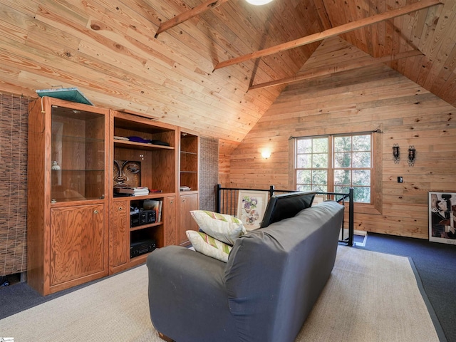 living room featuring vaulted ceiling with beams, wooden ceiling, carpet floors, and wooden walls