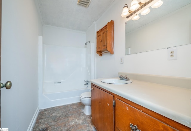 full bathroom with washtub / shower combination, a textured ceiling, vanity, and toilet