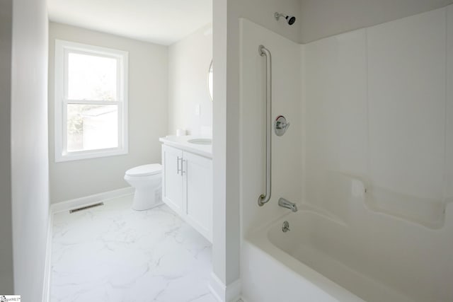 full bathroom with vanity, shower / bath combination, and toilet