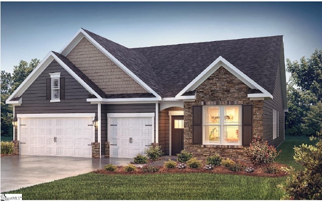 craftsman-style house with a garage and a front lawn