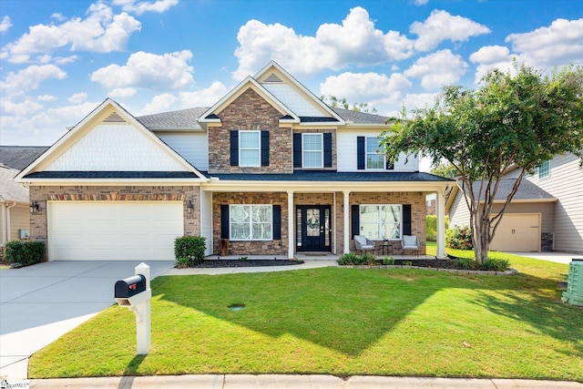 craftsman house featuring a garage, covered porch, and a front lawn