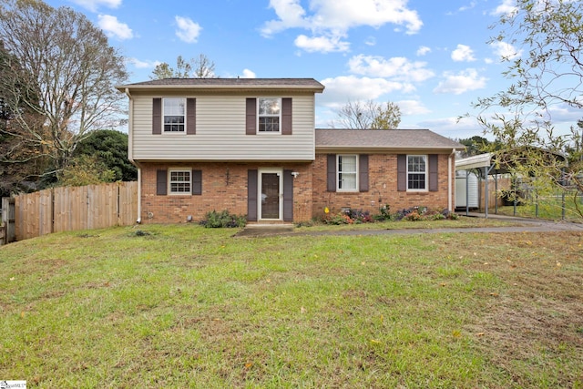 split level home featuring a front yard and a storage shed