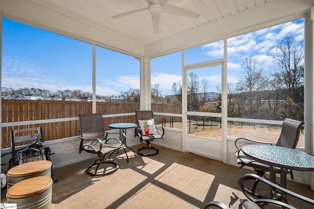 sunroom / solarium with wooden ceiling, ceiling fan, and a healthy amount of sunlight