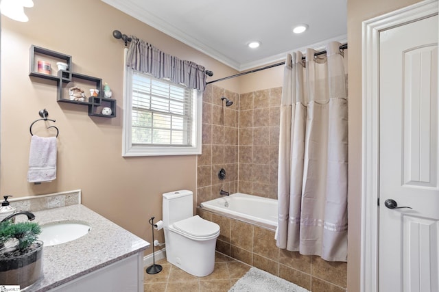 full bathroom with shower / tub combo, ornamental molding, vanity, tile patterned flooring, and toilet