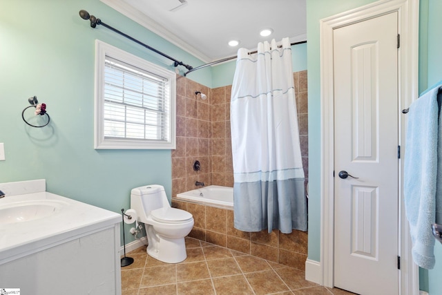 full bathroom featuring tile patterned floors, crown molding, toilet, vanity, and shower / tub combo