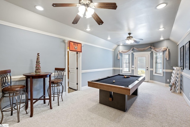 rec room featuring light carpet, ceiling fan, vaulted ceiling, and billiards