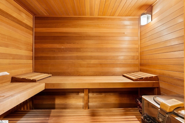 view of sauna with hardwood / wood-style floors