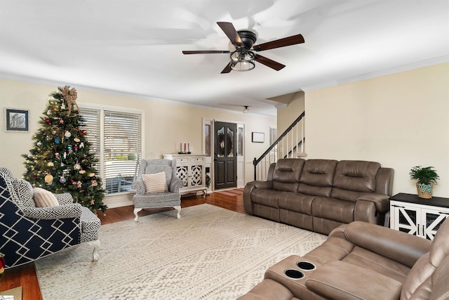 living room with hardwood / wood-style floors, ceiling fan, and ornamental molding