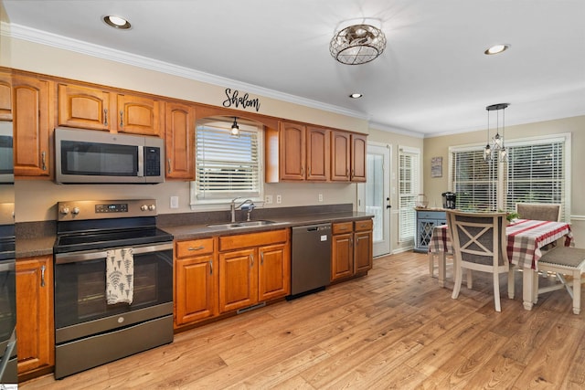 kitchen featuring sink, hanging light fixtures, light wood-type flooring, appliances with stainless steel finishes, and ornamental molding